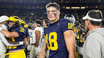 Michigan tight end Colston Loveland (18) walks off the field after 38-17 loss to Oregon at Michigan Stadium in Ann Arbor on Saturday, Nov. 2, 2024.