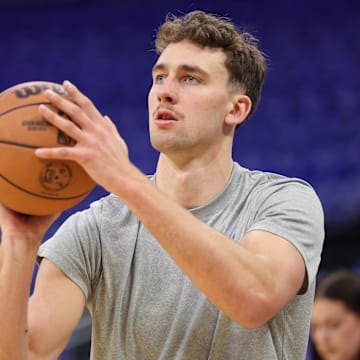 Apr 27, 2025; Orlando, Florida, USA; Orlando Magic forward Franz Wagner (22) warms up before game four of first round for the 2025 NBA Playoffs against the Boston Celtics at Kia Center. Mandatory Credit: Nathan Ray Seebeck-Imagn Images
