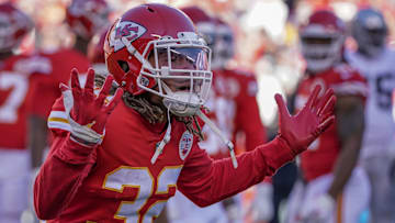 Dec 12, 2021; Kansas City, Missouri, USA; Former Kansas City Chiefs free safety Tyrann Mathieu (32) reacts to play against the Las Vegas Raiders during the second half at GEHA Field at Arrowhead Stadium.