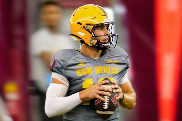 Arizona State quarterback Sam Leavitt (10) prepares to throw a pass during a practice.