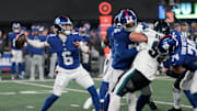 Oct 9, 2025; East Rutherford, New Jersey, USA; New York Giants quarterback Jaxson Dart (6) passes the ball against the Philadelphia Eagles during the fourth quarter of the game at MetLife Stadium. Mandatory Credit: Vincent Carchietta-Imagn Images