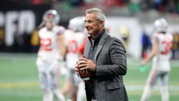 Jan 20, 2025; Atlanta, GA, USA; Urban Meyer looks on during the second half the CFP National Championship college football game at Mercedes-Benz Stadium. Mandatory Credit: Mark J. Rebilas-Imagn Images