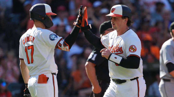 Sep 2, 2024; Baltimore, Maryland, USA; Baltimore Orioles catcher Adley Rutschman is greeted by outfielder Colton Cowser.