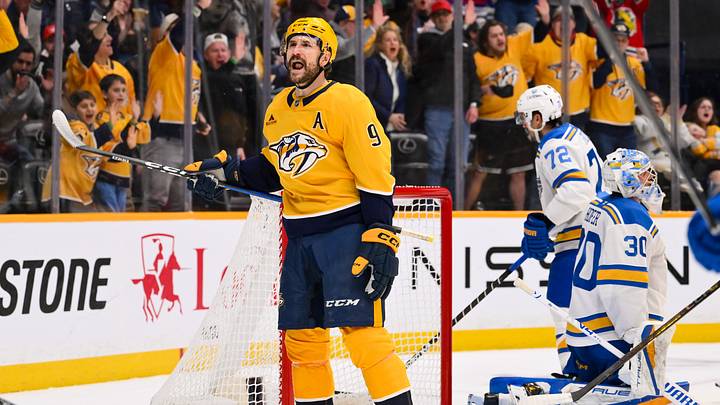 Feb 2, 2026; Nashville, Tennessee, USA;  Nashville Predators left wing Filip Forsberg (9) celebrates his goal against the St. Louis Blues during the second period at Bridgestone Arena. Mandatory Credit: Steve Roberts-Imagn Images