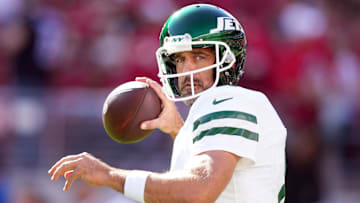 Sep 9, 2024; Santa Clara, California, USA; New York Jets quarterback Aaron Rodgers (8) warms up before the game against the San Francisco 49ers at Levi's Stadium