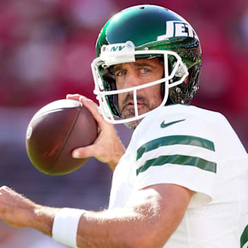 Sep 9, 2024; Santa Clara, California, USA; New York Jets quarterback Aaron Rodgers (8) warms up before the game against the San Francisco 49ers at Levi's Stadium