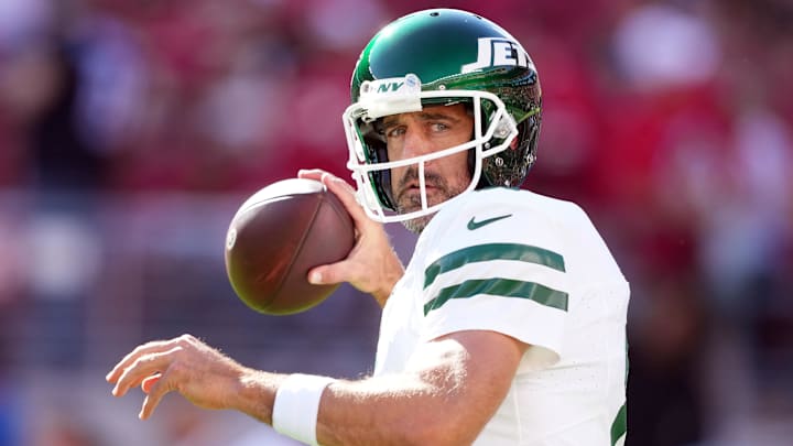 Sep 9, 2024; Santa Clara, California, USA; New York Jets quarterback Aaron Rodgers (8) warms up before the game against the San Francisco 49ers at Levi's Stadium