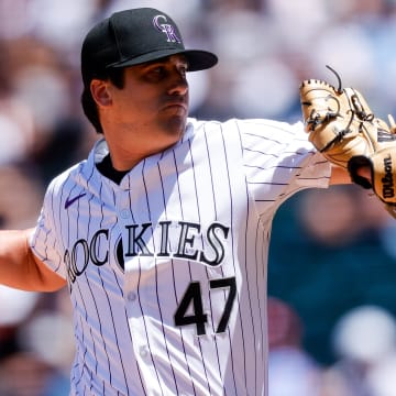 May 26, 2024; Denver, Colorado, USA; Colorado Rockies starting pitcher Cal Quantrill (47) pitches in the first inning against the Philadelphia Phillies at Coors Field.