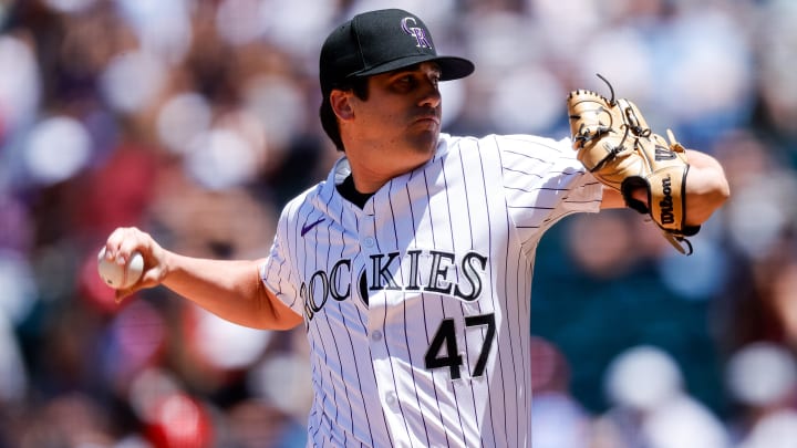 May 26, 2024; Denver, Colorado, USA; Colorado Rockies starting pitcher Cal Quantrill (47) pitches in the first inning against the Philadelphia Phillies at Coors Field.