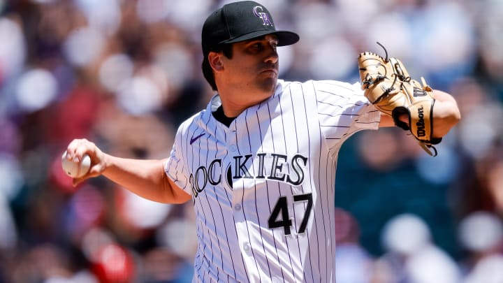 May 26, 2024; Denver, Colorado, USA; Colorado Rockies starting pitcher Cal Quantrill (47) pitches in the first inning against the Philadelphia Phillies at Coors Field. Mandatory Credit: Isaiah J. Downing-USA TODAY Sports