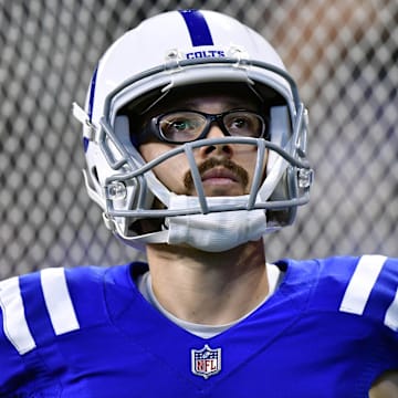Sep 19, 2021; Indianapolis, Indiana, USA;  Indianapolis Colts kicker Rodrigo Blankenship (3) during the second quarter against the Los Angeles Rams at Lucas Oil Stadium. Mandatory Credit: Marc Lebryk-Imagn Images