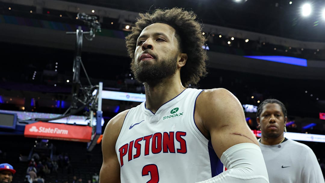 Nov 9, 2025; Philadelphia, Pennsylvania, USA; Detroit Pistons guard Cade Cunningham (2) walks off the court after a victory against the Philadelphia 76ers at Xfinity Mobile Arena. Mandatory Credit: Bill Streicher-Imagn Images