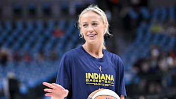 Aug 1, 2025; Dallas, Texas, USA; Indiana Fever guard Sophie Cunningham (8) warms up before the game against the Dallas Wings at the American Airlines Center. Mandatory Credit: Jerome Miron-Imagn Images