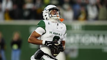 Oct 18, 2025; Fort Collins, Colorado, USA; Hawaii Rainbow Warriors wide receiver Jackson Harris (9).