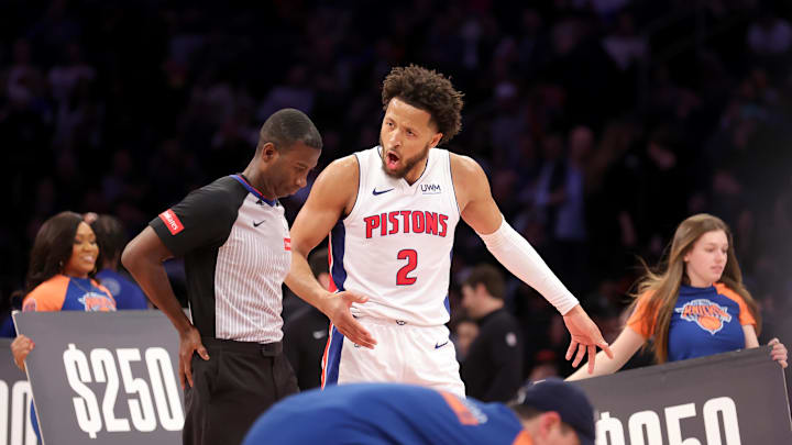 Feb 26, 2024; New York, New York, USA; Detroit Pistons guard Cade Cunningham (2) argues with referee