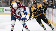 Jan 25, 2025; Boston, Massachusetts, USA; Boston Bruins right wing David Pastrnak (88) defends Colorado Avalanche defenseman Cale Makar (8) during the third period at the TD Garden. Mandatory Credit: Brian Fluharty-Imagn Images