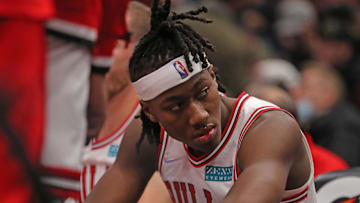 Dec 6, 2021; Chicago, Illinois, USA; Chicago Bulls guard Ayo Dosunmu (12) on the bench during the second half against the Denver Nuggets at the United Center. Mandatory Credit: Dennis Wierzbicki-Imagn Images