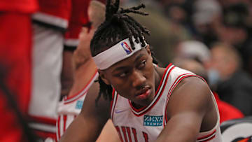 Dec 6, 2021; Chicago, Illinois, USA; Chicago Bulls guard Ayo Dosunmu (12) on the bench during the second half against the Denver Nuggets at the United Center. Mandatory Credit: Dennis Wierzbicki-Imagn Images