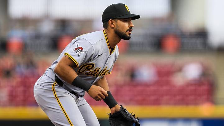 Mar 30, 2026; Cincinnati, Ohio, USA; Pittsburgh Pirates third baseman Nick Gonzales (3) prepares for the pitch in the second inning against the Cincinnati Reds at Great American Ball Park. Mandatory Credit: Katie Stratman-Imagn Images