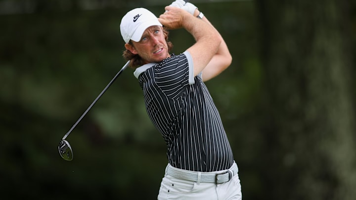 Tommy Fleetwood plays his shot from the third tee during the second round of the TOUR Championship Tommy Fleetwood plays his shot from the third tee during the second round of the TOUR Championship