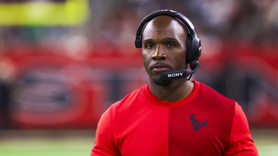 Dec 21, 2025; Houston, Texas, USA; Houston Texans head coach Demeco Ryans stands on the sidelines during the fourth quarter against the Las Vegas Raiders at NRG Stadium. Mandatory Credit: Thomas Shea-Imagn Images