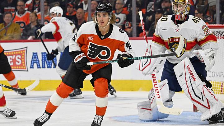 Oct 13, 2025; Philadelphia, Pennsylvania, USA; Philadelphia Flyers center Trevor Zegras (46) in front of Florida Panthers goaltender Daniil Tarasov (40) at Wells Fargo Center. Mandatory Credit: Eric Hartline-Imagn Images