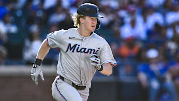 Aug 30, 2025; New York City, New York, USA; Miami Marlins outfielder Joey Wiemer (41) runs the bases after hitting a RBI single against the New York Mets during the third inning at Citi Field. 