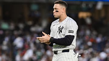 Jun 8, 2025; Bronx, New York, USA; New York Yankees outfielder Aaron Judge (99) reacts after the third inning against the Boston Red Sox at Yankee Stadium. Mandatory Credit: John Jones-Imagn Images
