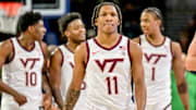 Feb 8, 2025; Virginia Tech guard Ben Hammond (11) walks to the bench during a timeout in the first half against Notre Dame.