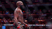 Jon Jones reacts after defeating Stipe Miocic in the heavyweight bout during UFC 309 at Madison Square Garden. 
