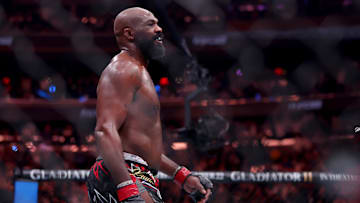 Jon Jones reacts after defeating Stipe Miocic in the heavyweight bout during UFC 309 at Madison Square Garden. 