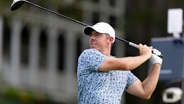 Rory McIlroy plays his shot from the 18th tee during the third round of the Travelers Championship.