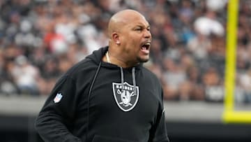 Sep 22, 2024; Paradise, Nevada, USA; Las Vegas Raiders reacts against the Carolina Panthers in the first half at Allegiant Stadium. Mandatory Credit: Kirby Lee-Imagn Images