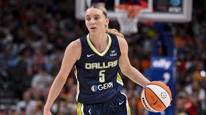 Aug 1, 2025; Dallas, Texas, USA; Dallas Wings guard Paige Bueckers (5) in action during the game between the Dallas Wings and the Indiana Fever at the American Airlines Center. Mandatory Credit: Jerome Miron-Imagn Images Aug 1, 2025; Dallas, Texas, USA; Dallas Wings guard Paige Bueckers (5) in action during the game between the Dallas Wings and the Indiana Fever at the American Airlines Center. Mandatory Credit: Jerome Miron-Imagn Images