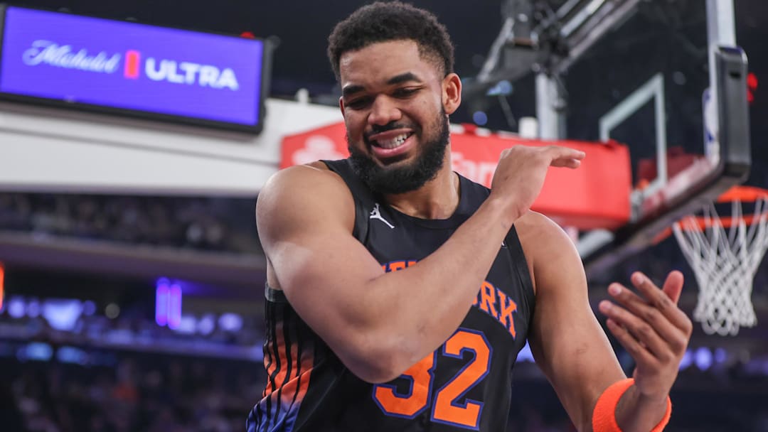 Mar 24, 2026; New York, New York, USA; New York Knicks center Karl-Anthony Towns (32) reacts after getting fouled in the first quarter against the New Orleans Pelicans at Madison Square Garden. Mandatory Credit: Wendell Cruz-Imagn Images Mar 24, 2026; New York, New York, USA; New York Knicks center Karl-Anthony Towns (32) reacts after getting fouled in the first quarter against the New Orleans Pelicans at Madison Square Garden. Mandatory Credit: Wendell Cruz-Imagn Images