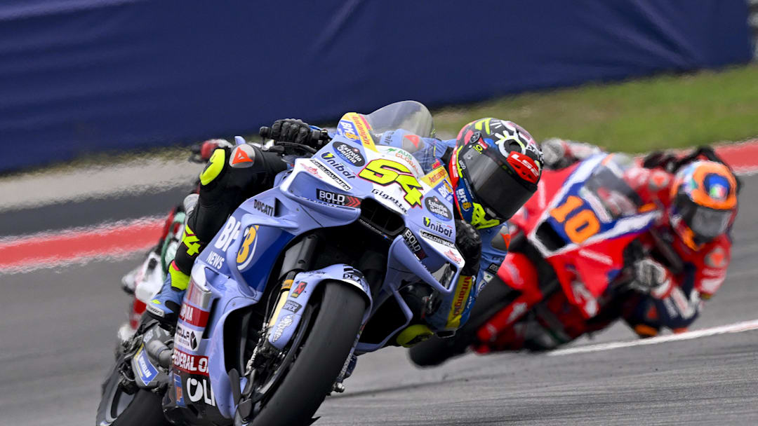 Mar 30, 2025; Austin, TX, USA; Fermin Aldeguer (54) of Spain and BK8 Gresini Racing MotoGP rides during the 2025 Grand Prix of the Americas at Circuit of The Americas. Mandatory Credit: Jerome Miron-Imagn Images