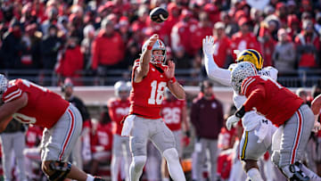 Ohio State quarterback Will Howard (18) makes a pass against Michigan during the second half at Ohio Stadium in Columbus, Ohio on Saturday, Nov. 30, 2024.