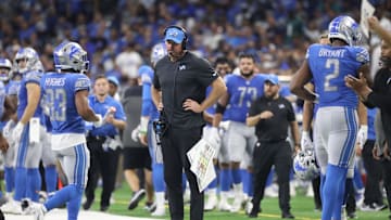 Sep 11, 2022; Detroit, Michigan, USA; Dan Campbell on the sidelines during second half action against the Philadelphia Eagles at Ford Field. Mandatory Credit: Kirthmon F. Dozier-Imagn Images