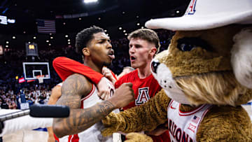 Jan 27, 2025; Tucson, Arizona, USA; Arizona Wildcats guard Caleb Love (1) celebrates the three pointe basket he made that ties the game and forces it into overtime against the Iowa State Cyclones at McKale Center. Mandatory Credit: Aryanna Frank-Imagn Images