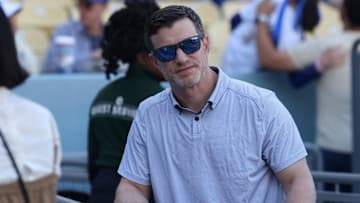 Apr 11, 2025; Los Angeles, California, USA; Los Angeles Dodgers president of baseball operations Andrew Friedman before a game against the Chicago Cubs at Dodger Stadium. Mandatory Credit: Kiyoshi Mio-Imagn Images