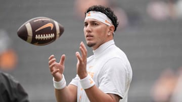 Tennessee quarterback Joey Aguilar (6) warms up before a college football game between Tennessee and ETSU at Neyland Stadium in Knoxville, Tennessee, on September 6, 2025.