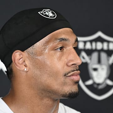 Jun 11, 2025; Henderson, NV, USA; Las Vegas Raiders safety Isaiah Pola-Mao (20) speaks to the media during Las Vegas Raiders Minicamp at Intermountain Health Performance Center. Mandatory Credit: Candice Ward-Imagn Images