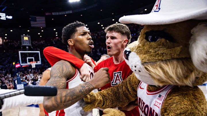 Jan 27, 2025; Tucson, Arizona, USA; Arizona Wildcats guard Caleb Love (1) celebrates the three pointe basket he made that ties the game and forces it into overtime against the Iowa State Cyclones at McKale Center. Mandatory Credit: Aryanna Frank-Imagn Images