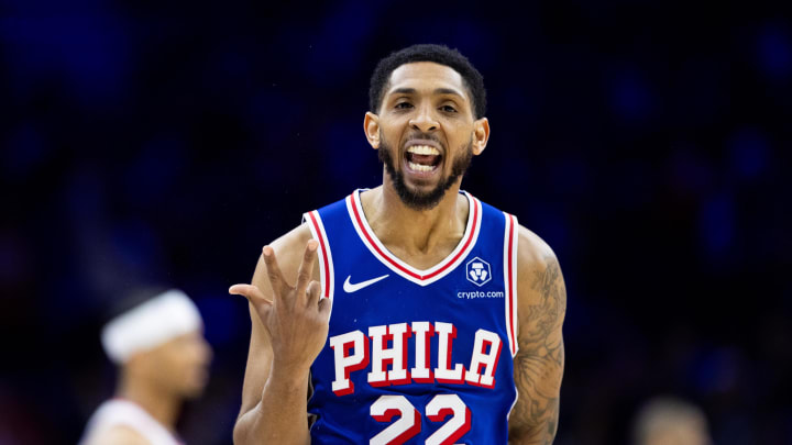 Apr 25, 2024; Philadelphia, Pennsylvania, USA; Philadelphia 76ers guard Cameron Payne (22) reacts to his three pointer against the New York Knicks during the second quarter of game three of the first round for the 2024 NBA playoffs at Wells Fargo Center. Apr 25, 2024; Philadelphia, Pennsylvania, USA; Philadelphia 76ers guard Cameron Payne (22) reacts to his three pointer against the New York Knicks during the second quarter of game three of the first round for the 2024 NBA playoffs at Wells Fargo Center.