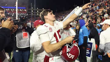 Nov 29, 2025; Auburn, Alabama, USA; Alabama Crimson Tide quarterback Ty Simpson (15) reacts after the game against the Auburn Tigers at Jordan-Hare Stadium. Mandatory Credit: John Reed-Imagn Images