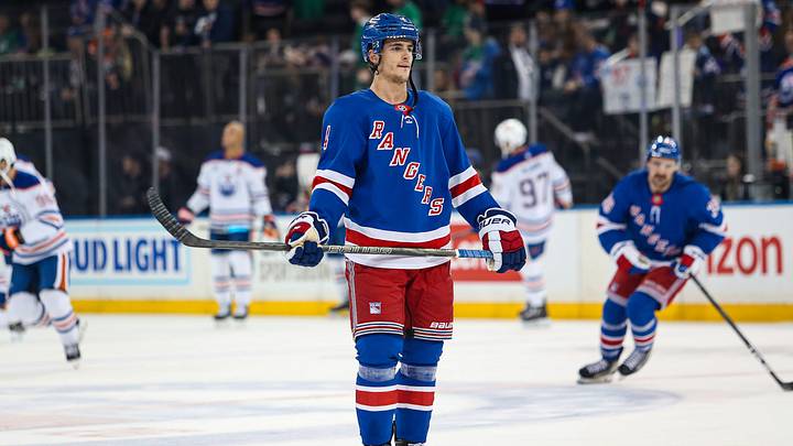 Mar 16, 2025; New York, New York, USA; New York Rangers defenseman Braden Schneider (4) warms up before the first period against the Edmonton Oilers at Madison Square Garden. Mandatory Credit: Danny Wild-Imagn Images Mar 16, 2025; New York, New York, USA; New York Rangers defenseman Braden Schneider (4) warms up before the first period against the Edmonton Oilers at Madison Square Garden. Mandatory Credit: Danny Wild-Imagn Images