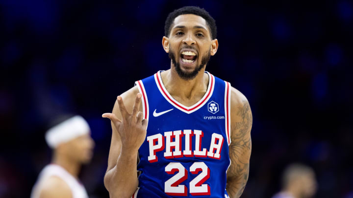 Apr 25, 2024; Philadelphia, Pennsylvania, USA; Philadelphia 76ers guard Cameron Payne (22) reacts to his three pointer against the New York Knicks during the second quarter of game three of the first round for the 2024 NBA playoffs at Wells Fargo Center. Mandatory Credit: Bill Streicher-USA TODAY Sports