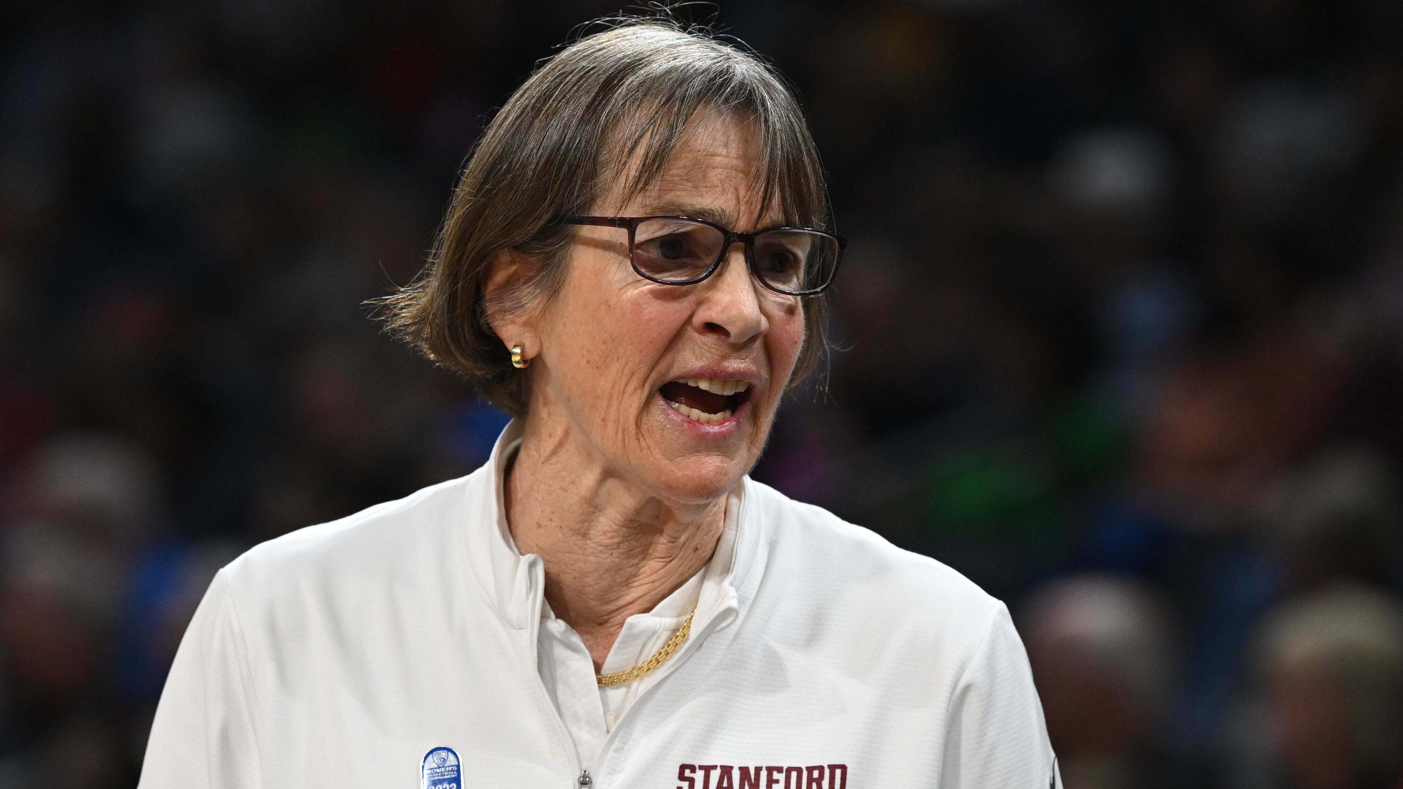 Stanford Cardinal head coach Tara VanDerveer coaches from the bench.