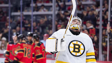 Oct 27, 2025; Ottawa, Ontario, CAN; Boston Bruins goalie Jeremy Swayman (1) reacts to a goal scored by the Ottawa Senators in the first period at the Canadian Tire Centre. Mandatory Credit: Marc DesRosiers-IMAGN Images