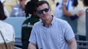 Apr 11, 2025; Los Angeles, California, USA; Los Angeles Dodgers president of baseball operations Andrew Friedman before a game against the Chicago Cubs at Dodger Stadium. Mandatory Credit: Kiyoshi Mio-Imagn Images